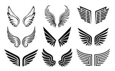 Fototapeta premium Graceful Eagle & Angel wings Silhouette Ornament set. Coloring page, angelic feather, Hawk wings for t-shirt, banner, logo, icon, and other graphics. Unique type wings icon vector illustration.