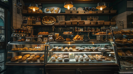 A variety of fresh snacks arranged for sale on a bakery shelf. Interior view of a bakery counter showcasing food on display.