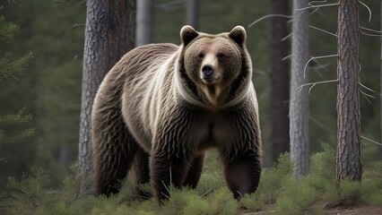 A grizzly bear in pine Forest