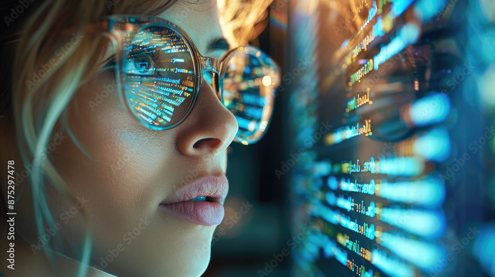 Poster Close-up Portrait of female Software Engineer Working on Computer, Line of Code Reflecting in Glasses. Developer Working on Innovative e-Commerce Application. Generative AI.