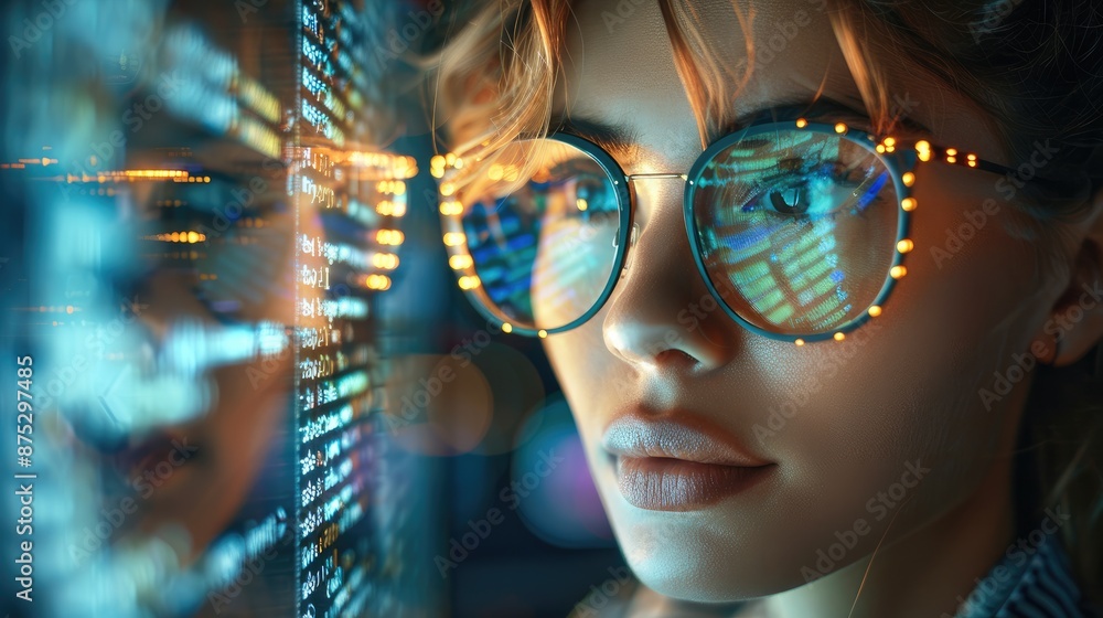 Poster Close-up Portrait of female Software Engineer Working on Computer, Line of Code Reflecting in Glasses. Developer Working on Innovative e-Commerce Application. Generative AI.