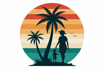 Mom and son in the beach silhouette Vector art Retro vintage style sunset, palm tree, vector illustration