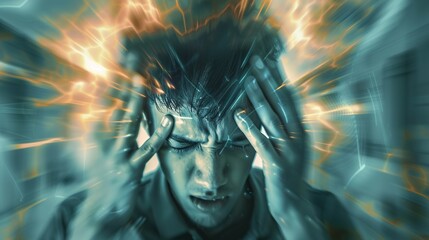 Brain diseases problem cause chronic severe headache migraine. Male adult look tired and stressed
