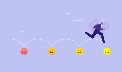 Personal growth and aspiration concept. businessman jump on emoticons from a sad expression towards a happy one