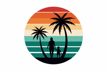 Mom and son in the beach silhouette Vector art Retro vintage style sunset, palm tree, vector illustration