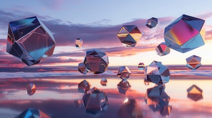 A surreal landscape of floating geometric shapes in metallic tones, hovering above a reflective surface under a twilight sky.