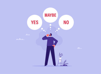 Makes important decision concept, standing among inscriptions yes and no or maybe, businessman makes a choice or makes a decision with bubbles and text yes, no, maybe