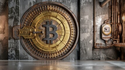 Fototapeta premium Bitcoin cryptocurrency symbol on bank vault door