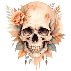 Obraz premium Watercolor illustration portrait of a skull with flowers on isolated white background. 