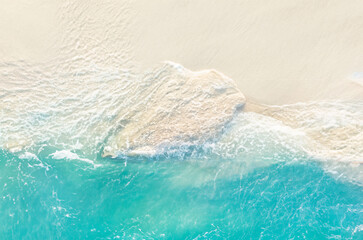 Top View of Turquoise Ocean Waves and White Sand Beach, Summer Coastal Background