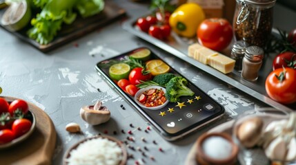 Five-star rating on a smartphone screen showing a food delivery app, with delicious ingredients on tabletop
