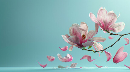 Pastel pink magnolia flowers on a pastel blue background with windblown pink petals