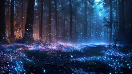 Mystical blue light illuminates a dense, enchanting forest floor.