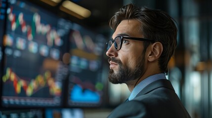 Fototapeta premium a businessman in glasses follows the state of the market, looking at the chart of price increases and decreases of cryptocurrencies and common currencies on a large screen that hangs on the wall 