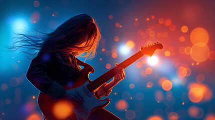 Fototapeta premium A female musician, silhouetted against a backdrop of blue and orange stage lights, performs a passionate guitar solo.