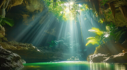 A lush tropical cavern entrance to a lagoon with sun rays shining down from above. Generative AI.