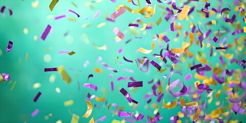 Spinning neon purple and sunny yellow confetti on a vibrant green backdrop. Concept Colorful Backdrop, Neon Confetti, Spinning Motions, Vibrant Colors, Festive Atmosphere