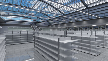 Supermarket interior mockup with rows of racks and a vaulted transparent roof overlooking the sky with clouds. 3d illustration