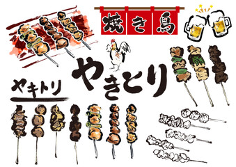 焼き鳥の手書き和風筆イラスト素材セット