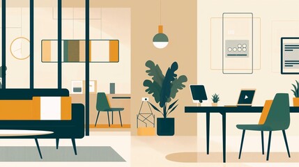 An abstract piece with smooth color transitions, showing a modern office with smart devices and IoT technology