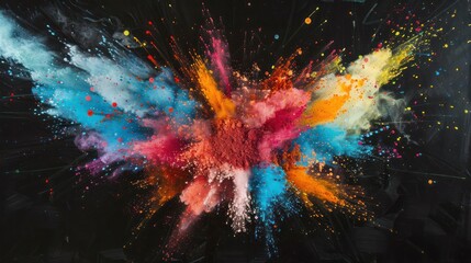 painting on canvas of Colored powder explosion abstract closeup of dust splash on black backdrop