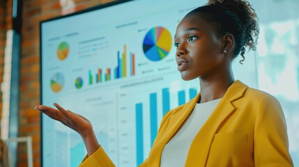 Big data analysis and fintech e-commerce concept with successful black woman as executive director presenting growth statistics to diverse conference meeting members in light office