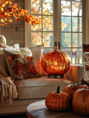  A cozy autumn-themed interior with an illuminated pumpkin lantern on a round table, surrounded by white pumpkins and soft cushions, creating a warm and inviting atmosphere