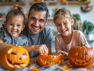 Fototapeta premium children and father with pumpkins