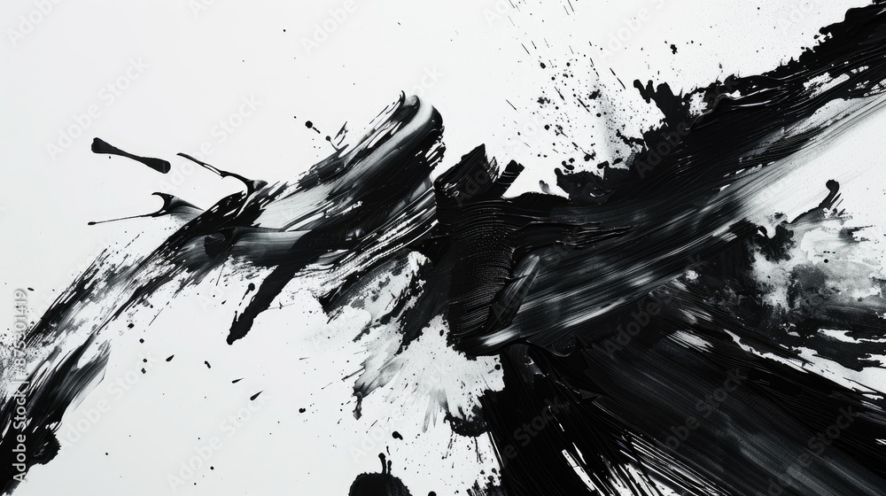 Poster abstract black and white paint splatter with dynamic brush strokes, creating a modern and artistic v
