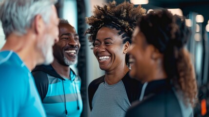 Obraz premium Smiling group older of friends in sportswear laughing together while standing arm in arm in a gym after a workout, senior, healthy, friendship, adult, exercising, together, lifestyles