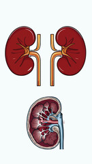 Vector illustrations of human kidneys and a detailed cross-section showing internal structure.