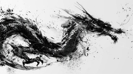 Abstract black ink dragon illustration with dynamic brush strokes on white background, evoking power and movement.