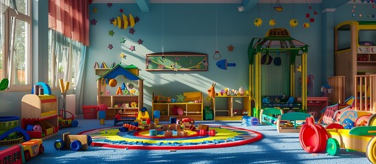 Kindergarten playroom, vibrant toys and equipment, hyper realistic, Canon EOS style, super resolution.