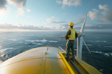 Fototapeta premium A worker standing atop a wind turbine, overlooking the expansive ocean, symbolizing renewable energy and the future of sustainable power.