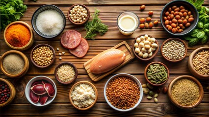 various ingredients and meats proteins lay flat wooden table mock up blank space text