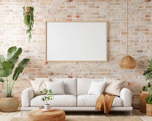 Modern living room with white sofa, brick wall, and blank frame.