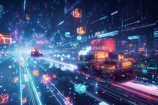 A futuristic hover-cart zooming through a virtual landscape, laden with glowing parcels and boxes of various sizes. Digital streams of data and symbols representing online transactions swirl around it
