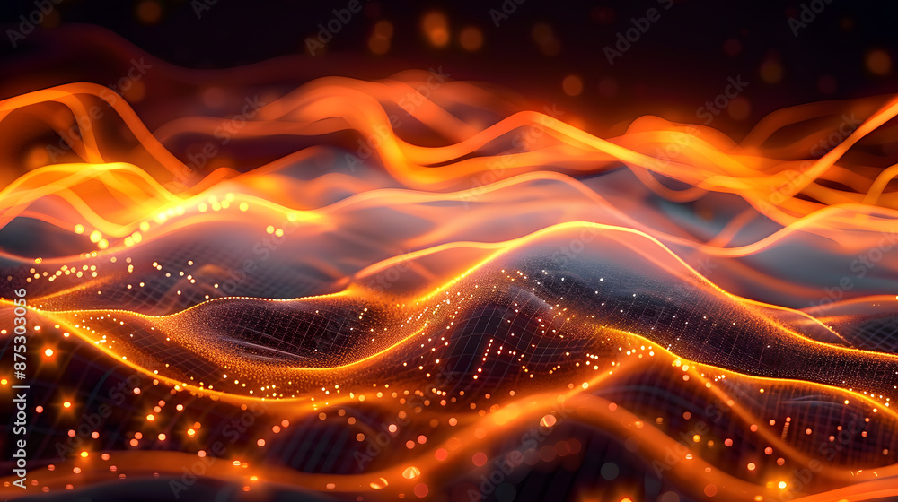Poster 3d rendered landscape of orange waves with glowing edges on a dark background. digital art of orange