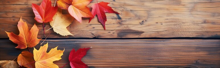Obraz premium Atumnal leaves on wooden background. Autumn leaves over wooden background with copy space. Autumn maple leaves over wooden background.