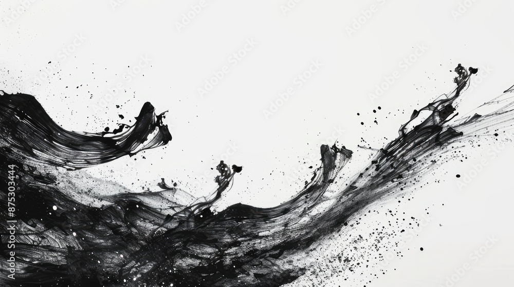 Poster abstract black ink splashes on white background, creating dynamic and expressive patterns, perfect f