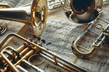 Naklejka premium Golden trumpets and brass instruments lie on a bed of sheet music, evoking a sense of musical elegance and classical charm.