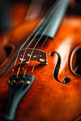Close view of a violin strings and bridge