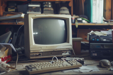 A nostalgic shot of an old, dusty retro computer and keyboard on a cluttered desk in a dimly lit...