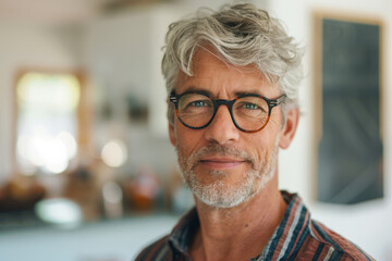 A warm and engaging portrait of a middle-aged man with tousled gray hair and glasses, smiling gently in a cozy, sunlit room.