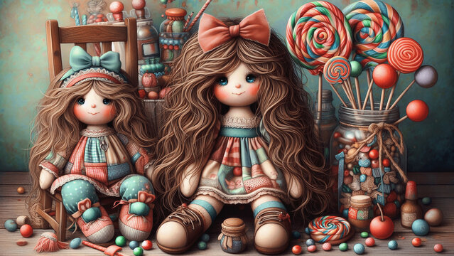 Boneca de pano envolta em doces e pirulitos - IA generativa