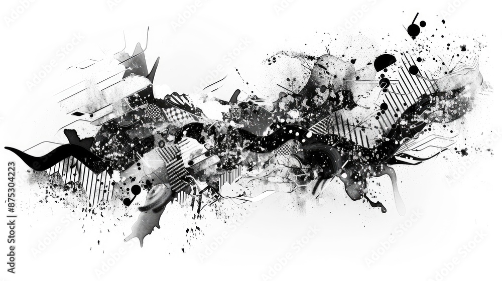 Poster abstract black and white digital art with dynamic shapes and splatters creating a chaotic yet harmon