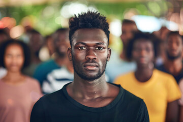 Fototapeta premium A serious man stands amid a blurred crowd, drawing attention with his intense gaze and solo presence.
