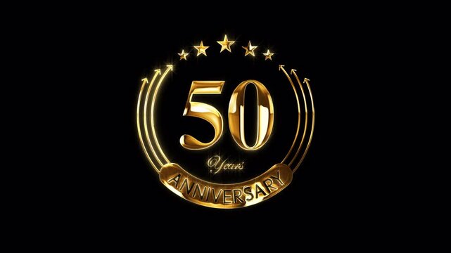 Happy 50th Anniversary Celebration. Golden 50 Years Anniversary Animation in Gold Color on the Transparent Background, Alpha Channel. Great for greetings, celebrations, events, and gifts.