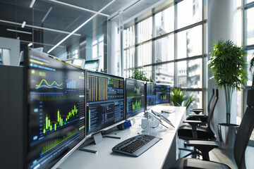 Fototapeta premium A sleek, high-tech trading office with large windows, multiple monitors displaying financial charts, and an abundance of natural light.
