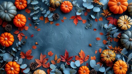 Colorful Autumn Harvest with Pumpkins, Leaves, Pinecones, and Berries on rustic Wooden Background for Seasonal Halloween Decoration